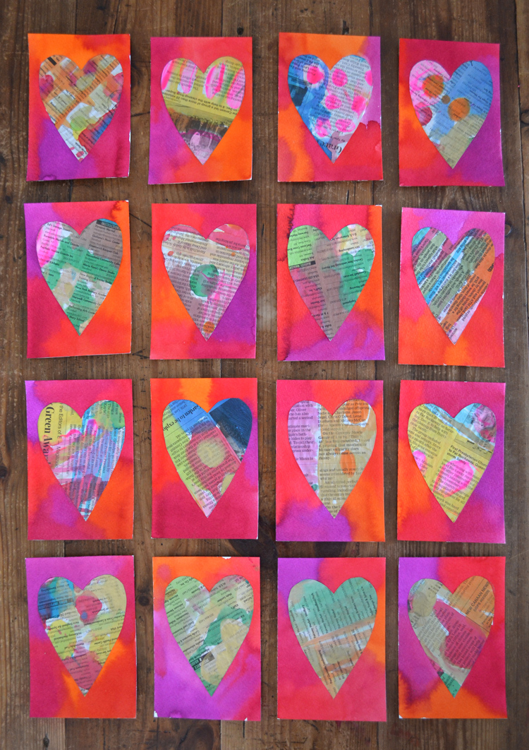 Children paint on newspaper with liquid watercolors, then cut them out into heart shapes to use for Valentine's cards.