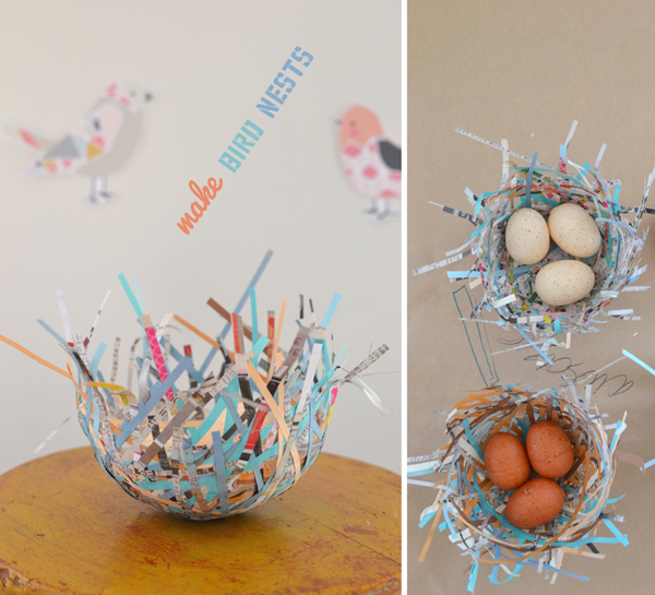 Kids make bird nests from shredded paper and glue.