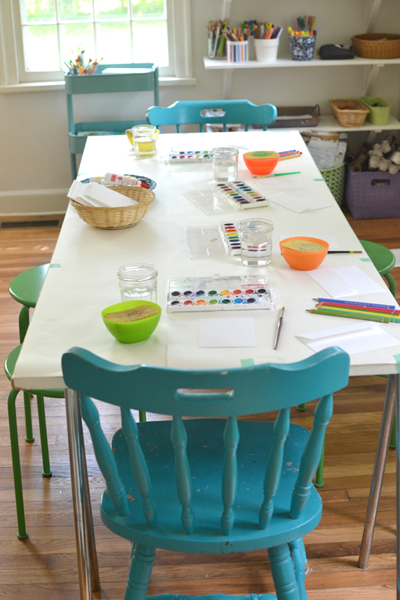 art table set up for four little artists