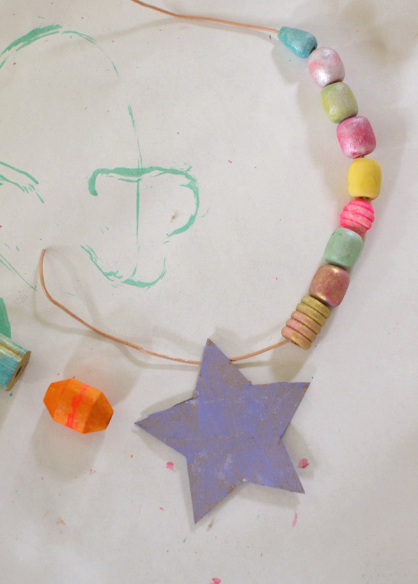 wooden beads painted with liquid watercolors + painted cardboard shapes ~ made by kids ages 3-8yrs