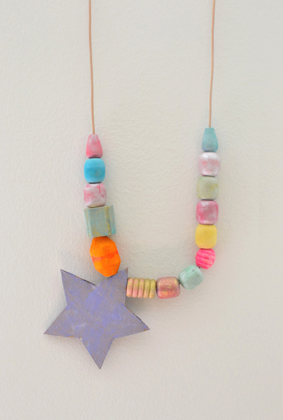 wooden beads painted with liquid watercolors + painted cardboard shapes ~ made by kids ages 3-8yrs