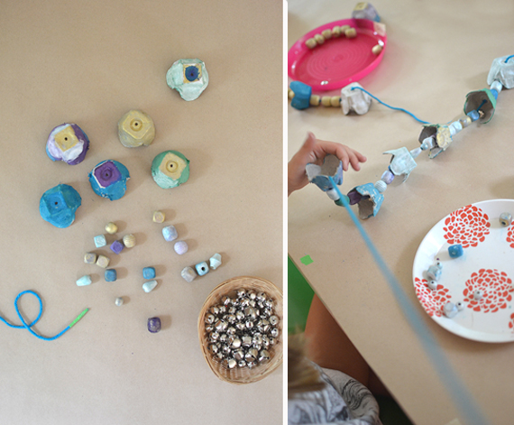 kids make chimes using recycled egg cartons