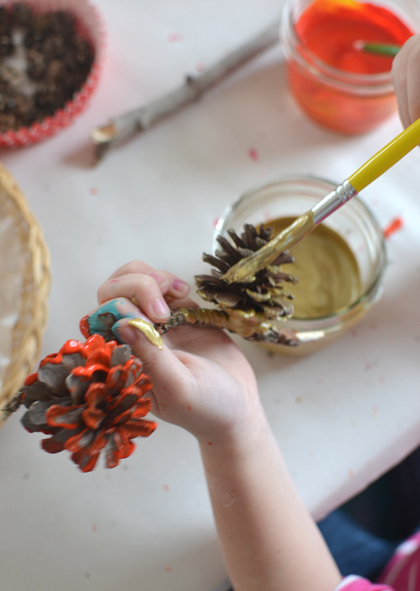 painting pasta, twigs and pinecones for an assemblage art project