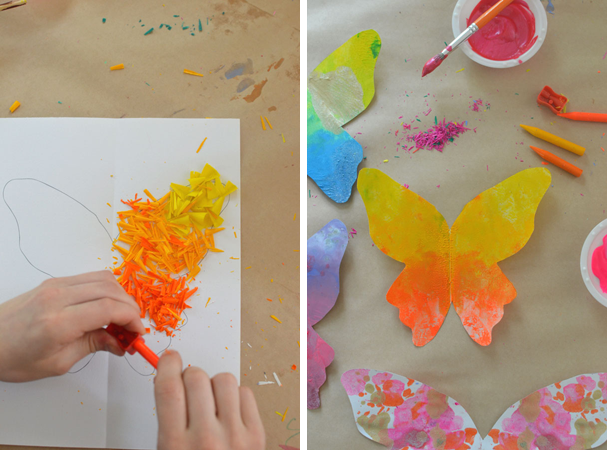 Children melt crayons to make these colorful butterflies.