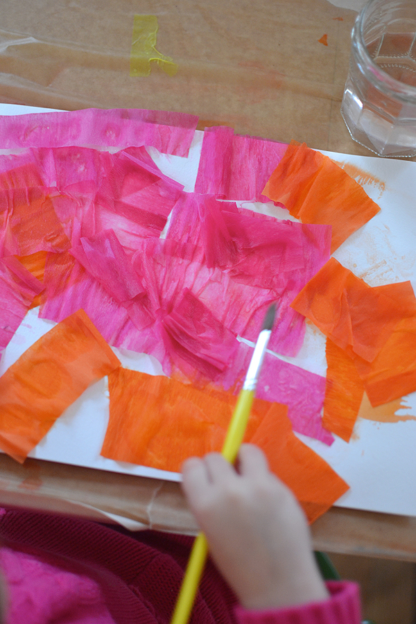 children use crepe paper streamers and water to transfer the color onto paper and make these cool prints