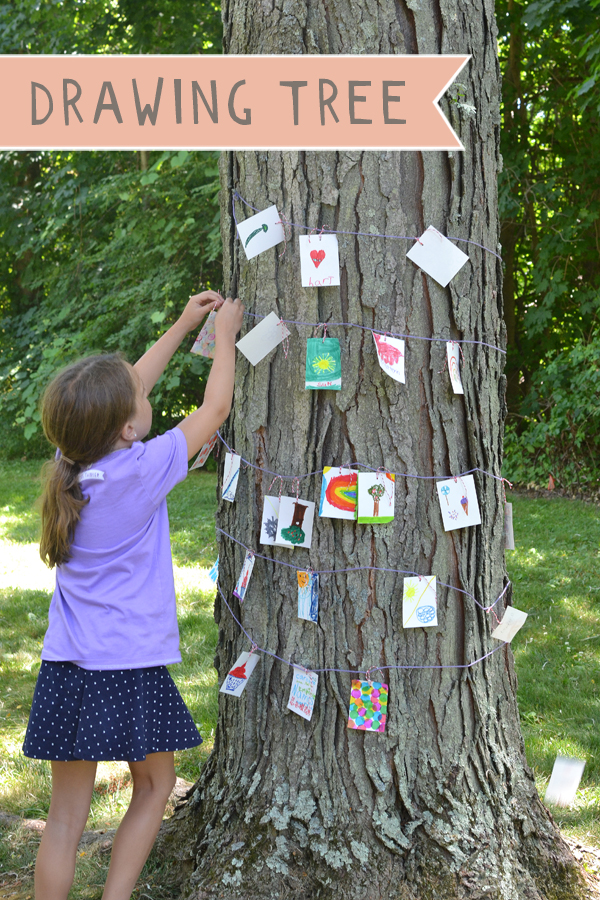 Set up an invitation to draw with a basket of drawing prompts, some paper, coloring markers, and a big old tree! A wonderful community project.