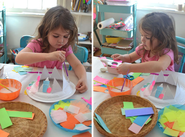 Paper plates are cut into crowns for children to collage into party hats.