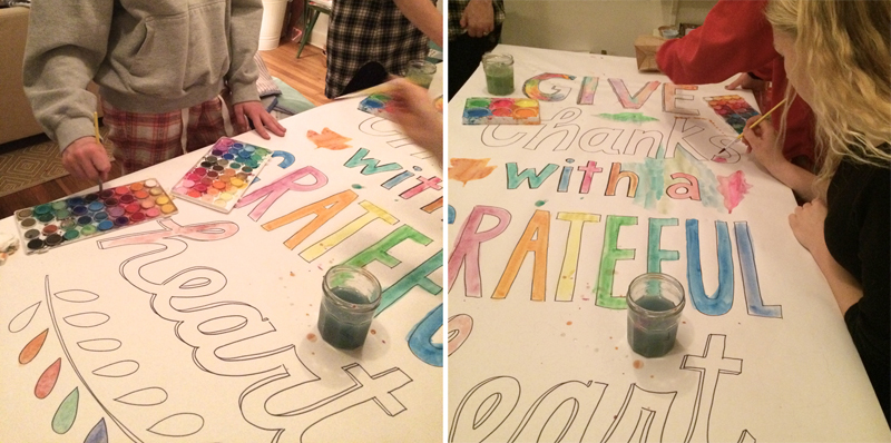 make a table banner with watercolors for Thanksgiving day where everyone can collaborate and contribute