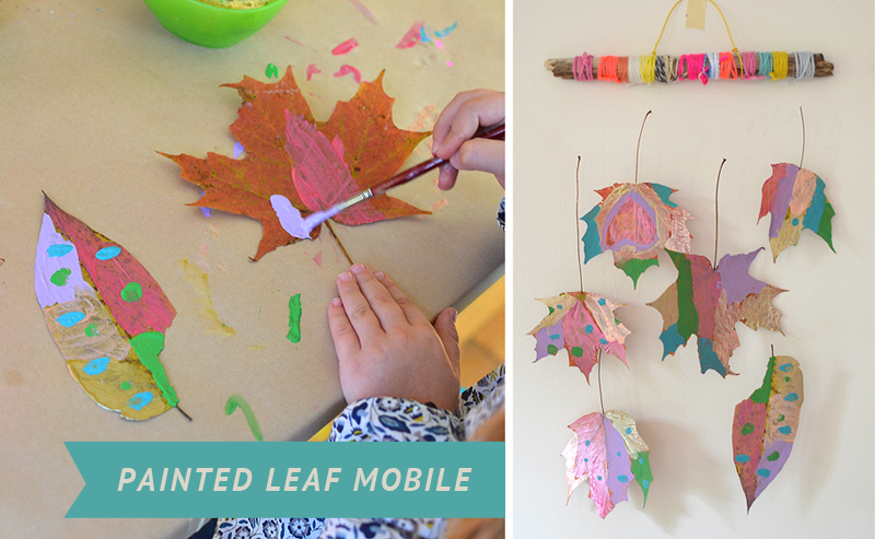 Children paint dried leaves and wrap twigs with yarn to make beautiful mobiles.