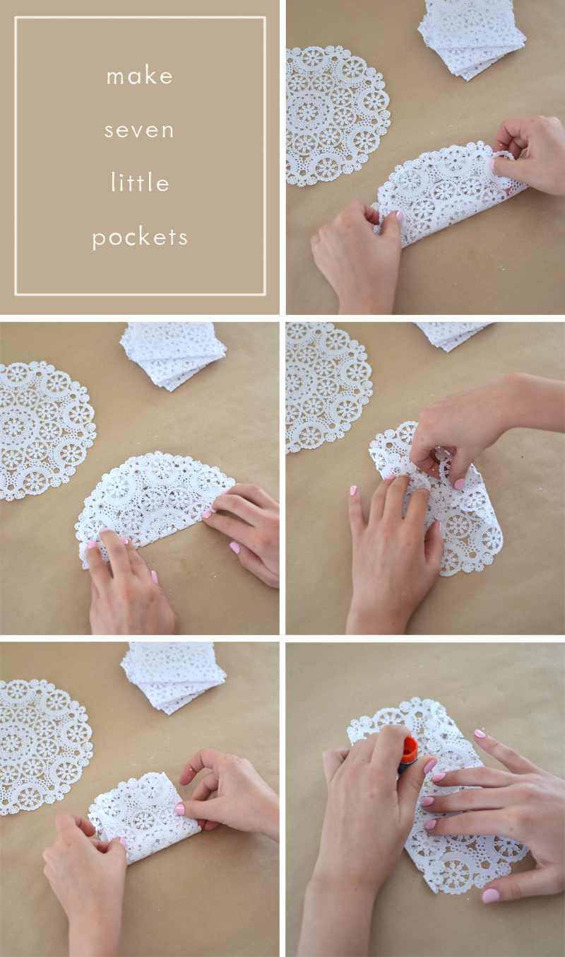 Make 3D snowflake stars from doilies and a gluestick.
