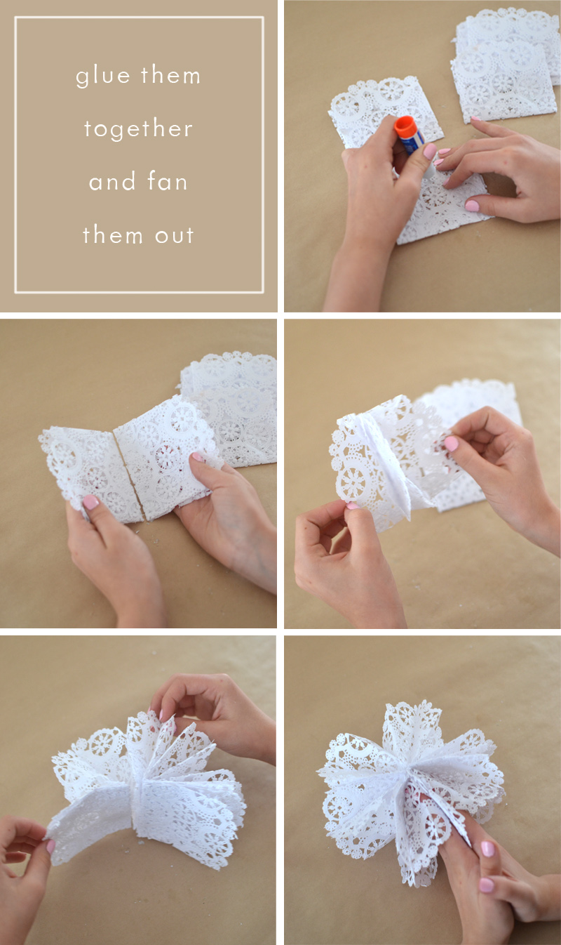 Make 3D snowflake stars from doilies and a gluestick.