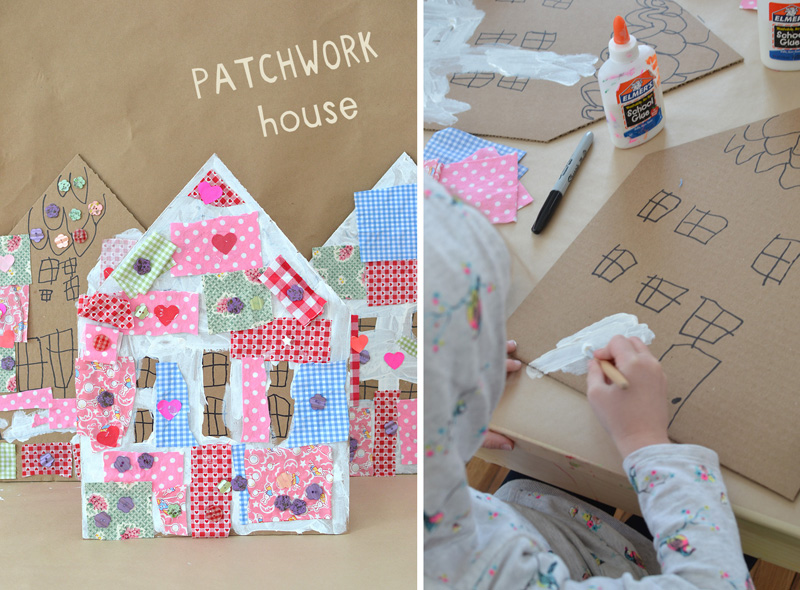 Children make patchwork houses from cardboard and fabric scraps.