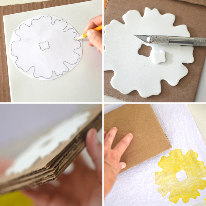 DIY hand printed napkins with foam and cardboard stamp.