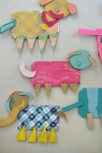 Cardboard animals made by kids, from the book Cardboard Creations by Bar Rucci