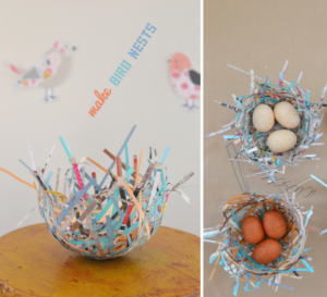 bird nest made from ripped paper and paper mache