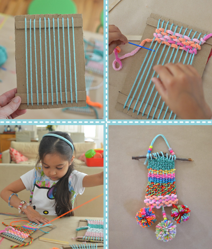Children make small weavings with homemade cardboard looms. Perfect for ages 5 and up!