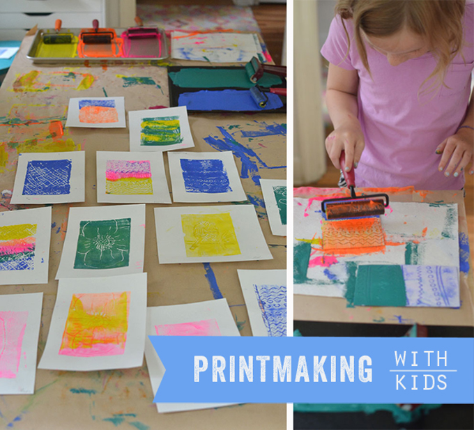 kids use styrofoam, tempera paint, and a brayer to make prints