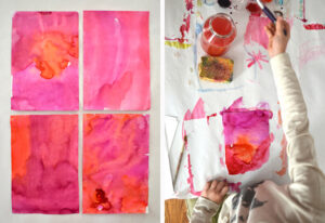 painting with liquid watercolor using Q-tips - 4 bright pink liquid watercolor paintings and a child's hand painting