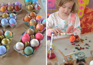 painted eggs using liquid watercolors and girl painting an egg