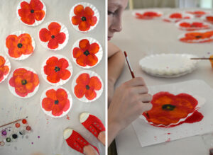 coffee filters with painted red poppies using liquid watercolor; also girl sitting at table painting with liquid watercolor paints