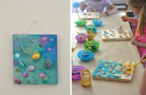 painting on shells and gluing to wood to make a shell collage