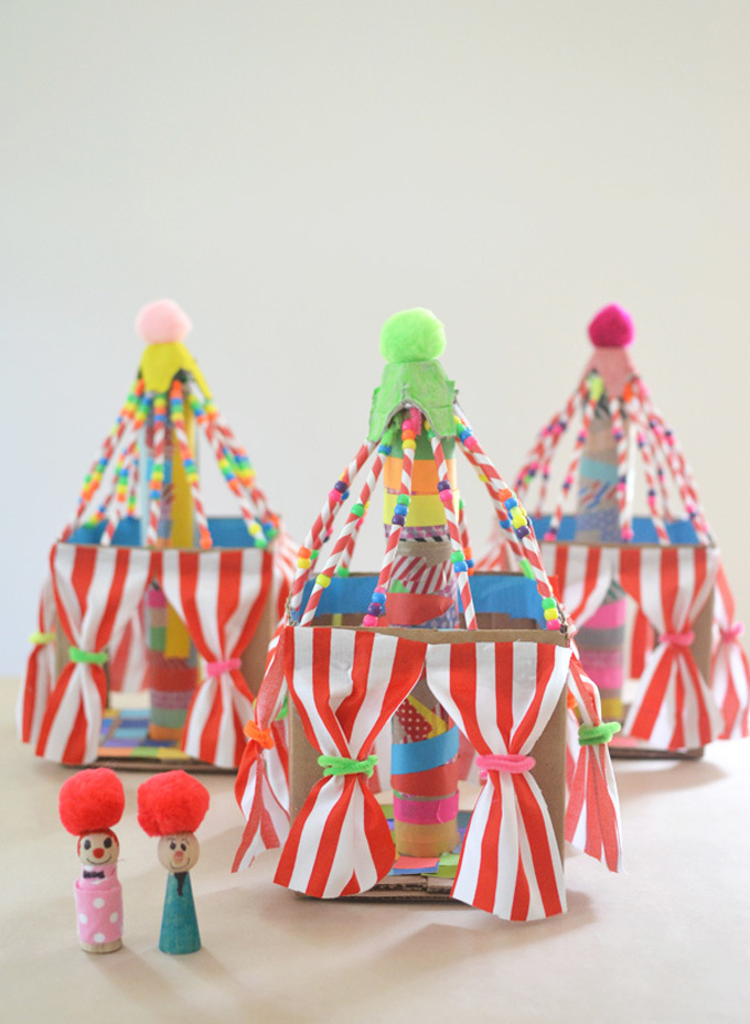 Cardboard circus tent craft for kids with little peg dolls