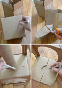collage of 4 images of cardboard pieces being used to make a kid's craft circus tent