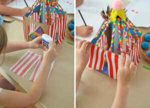 2 steps of craft project showing child gluing fabric onto circus tent