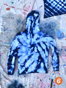 Indigo dying technique with swirl design using a white hoodie.