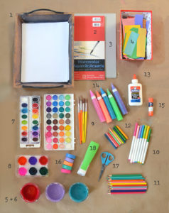 My list from my book of the 18 most basic supplies that you will need to fill your art shelves.