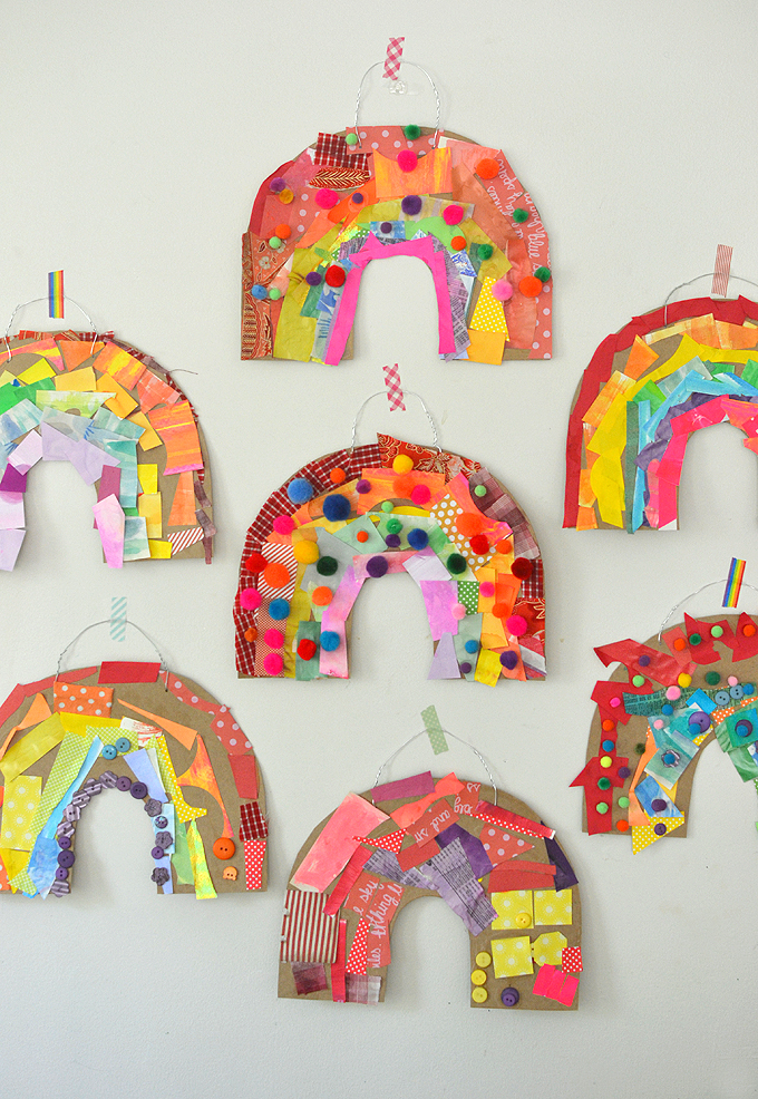 Children use colored collage material to make a rainbow from cardboard.