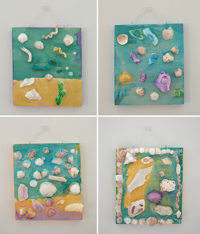 Seashell collages by kids, using tacky glue and liquid watercolor.