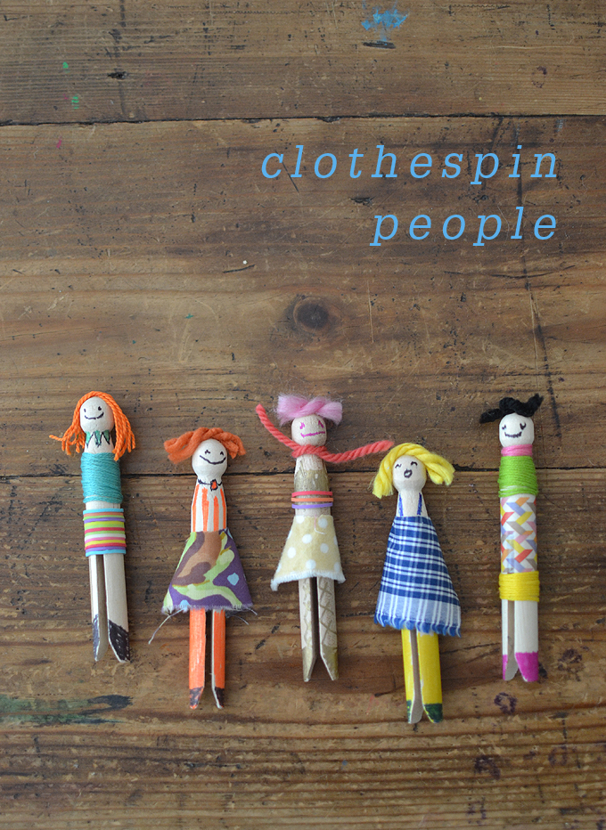 Kids make people from wooden clothespin pegs, yarn and fabric scraps.