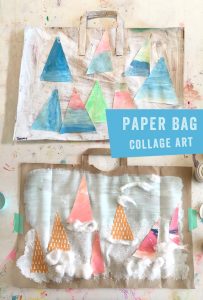 Kids make wintery collages from paper bags.