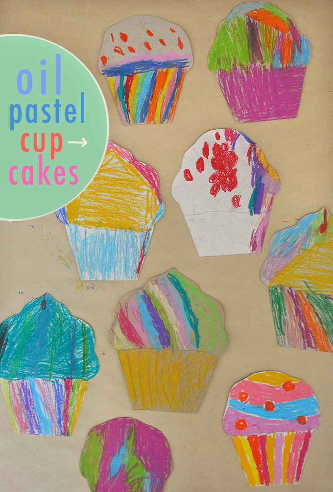 Kids use cereal box cardboard and oil pastels to make these artsy cupcakes! 
