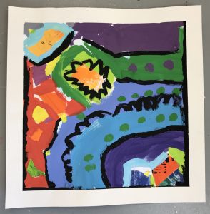 How to make layered abstract paintings with kids using warm and cool colors and a little collage.