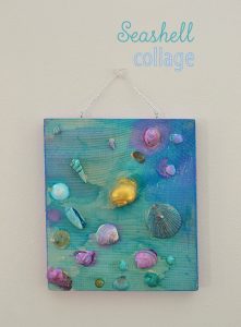 Kids paint shells and make a collage on wood.