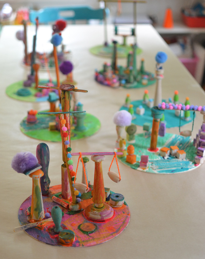 Kids love making wooden sculptures with the prompt "Imaginary Playgrounds", a wonderful process art idea.
