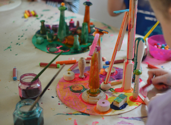 Kids love making wooden sculptures with the prompt "Imaginary Playgrounds", a wonderful process art idea.