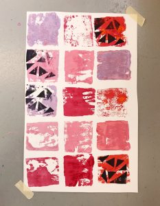 Collagraph printing with kids using wooden blocks to create a quilt pattern.