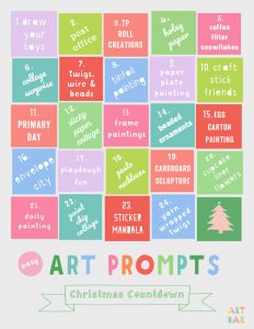 Set up easy art prompts during the month of December with this printable Advent Calendar. Open-ended creativity for every age, plus the bonus of making some homemade gifts along the way.