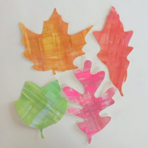 DIY leaf place cards for Thanksgiving made with watercolors and free printable stencils.