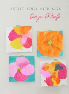 Children study Georgia O'Keeffe's large flower paintings by drawing first then painting with watercolors.