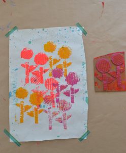 Collagraph printmaking with kids using cardboard.