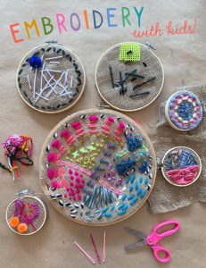 Family friendly and fuzzy embroidery with kids using a an embroidery hoop and yarn.