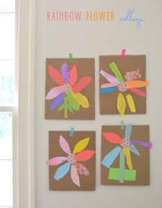 Kids make flower collages from rainbow paper material.