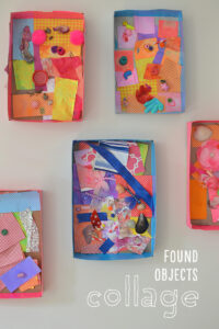 Children use found objects and small things from their homes to make collages inside cereal boxes.