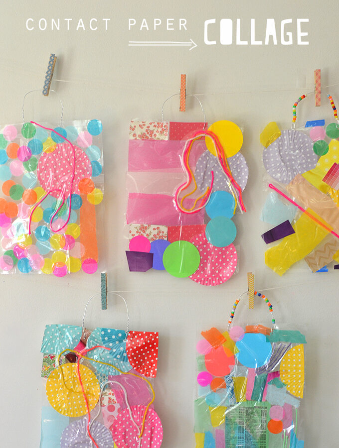 Children stick collage material to contact paper to make colorful and playful wall art.