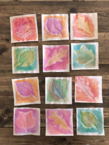 Quick and easy leaf rubbings with crayons and watercolor.