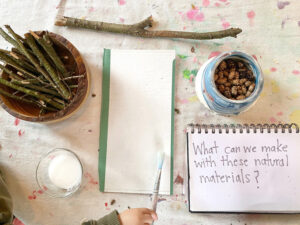 This Weekly Art & Play guide for learning at home promotes math, literacy and science through creativity. Join us for Provocations week! Day 1: Build with Nature / Science
